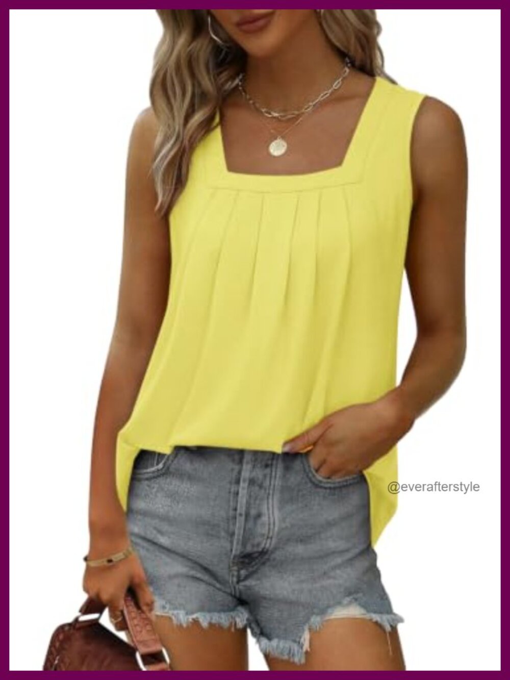 Women's Square Neck Pleated Tank Top Loose Fit Sleeveless Summer Casual